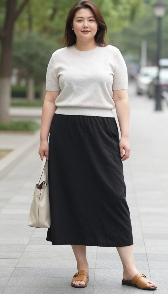 A woman wearing a lightweight knit top and long black skirt for a casual summer outfit, styled with slip-on sandals and a tote bag in bright natural light.