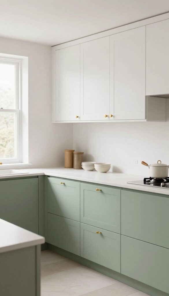 Sage green and warm white kitchen with open shelving and brass hardware