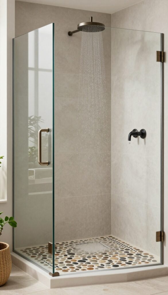 A close-up view of pebble tile flooring in an open shower without glass barriers, showcasing textured stones for grip and style in a spa-inspired bathroom setting.