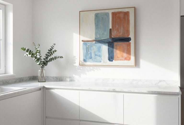 Modern kitchen with abstract artwork above a breakfast nook