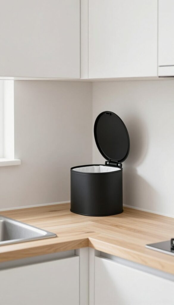 A wall-mounted folding trash can in a bright tiny kitchen, open for use, with natural light and clean minimalist design.