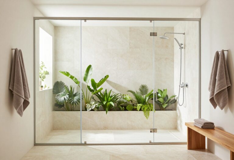 Modern steam shower with natural stone tiles, frameless glass, mood lighting, wooden bench, and plants in a serene bathroom setting.