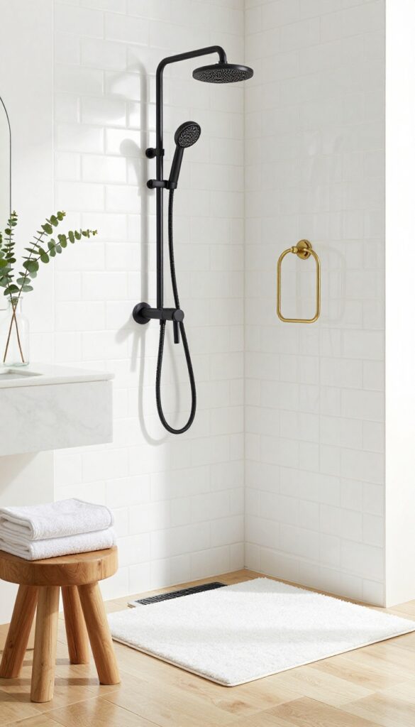 Matte black shower faucet in a bright bathroom with white subway tile and warm brass accents.