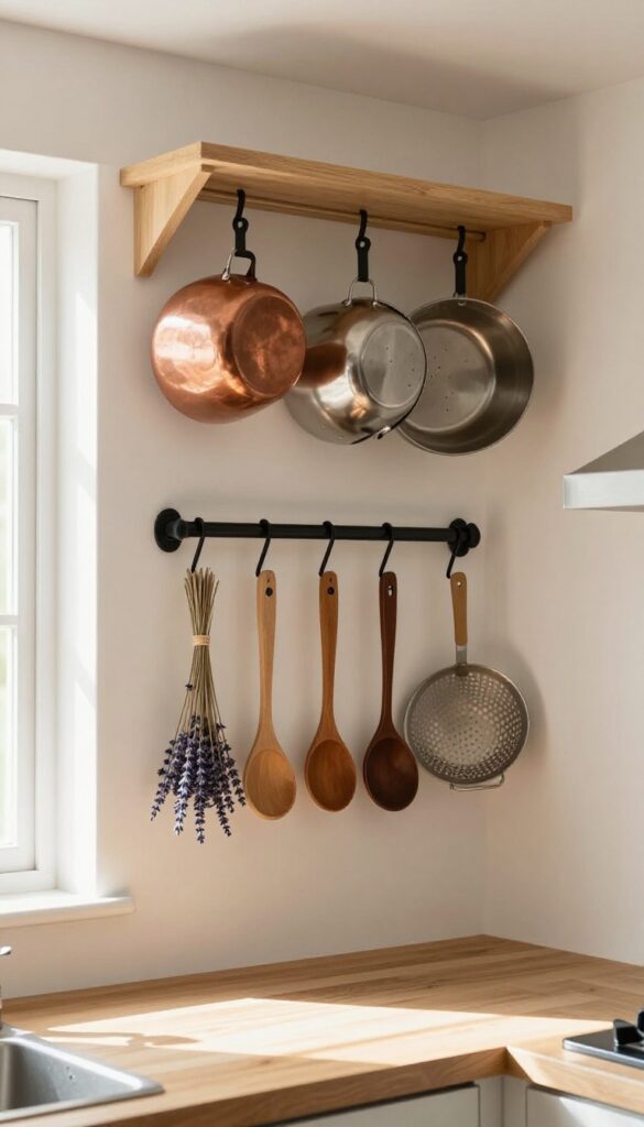 Kitchen corner with hanging pot rack and utensil rail, copper pots and wooden utensils displayed, dried lavender accents