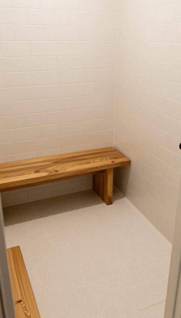 Beige penny round tile shower floor with teak bench and warm white walls