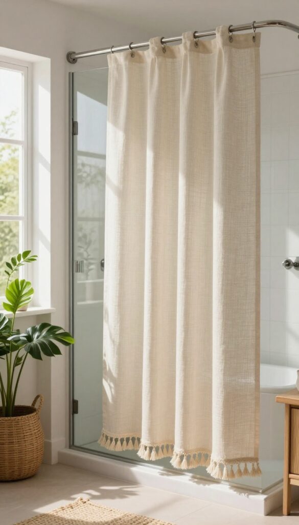 Boho bathroom with tassel-trimmed shower curtain over glass door