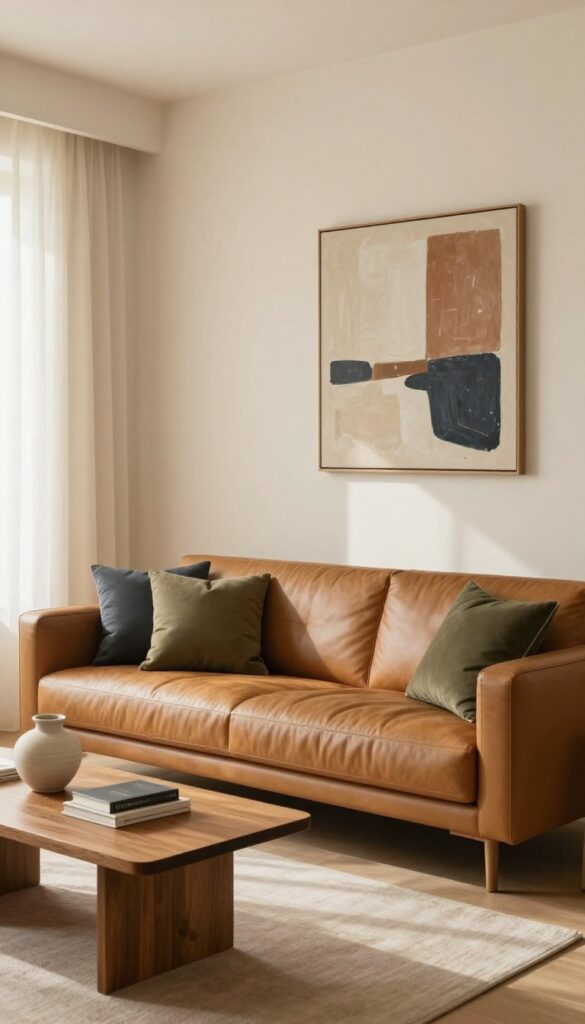 A stylish masculine living room with warm neutrals, olive green and navy accents, and natural light.