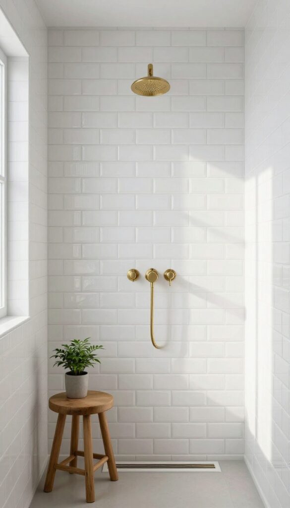 Small shower with textured white subway tile accent wall, brass fixtures, and wooden stool