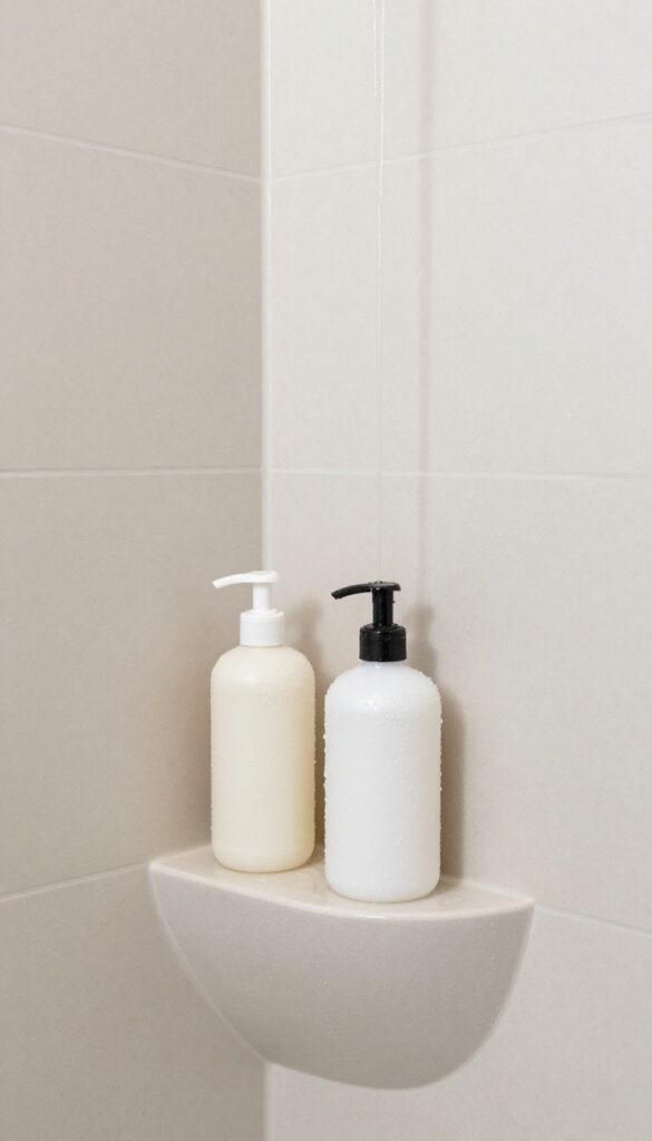 A bathroom shower niche with a sloping bottom to enhance drainage and keep products tidy, featuring neutral tiles and natural lighting.