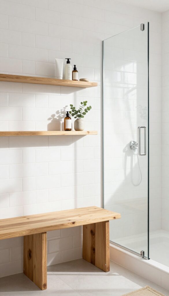 Shower-only bathroom with warm wood accents like a teak bench and wooden shelf, softening the tile.