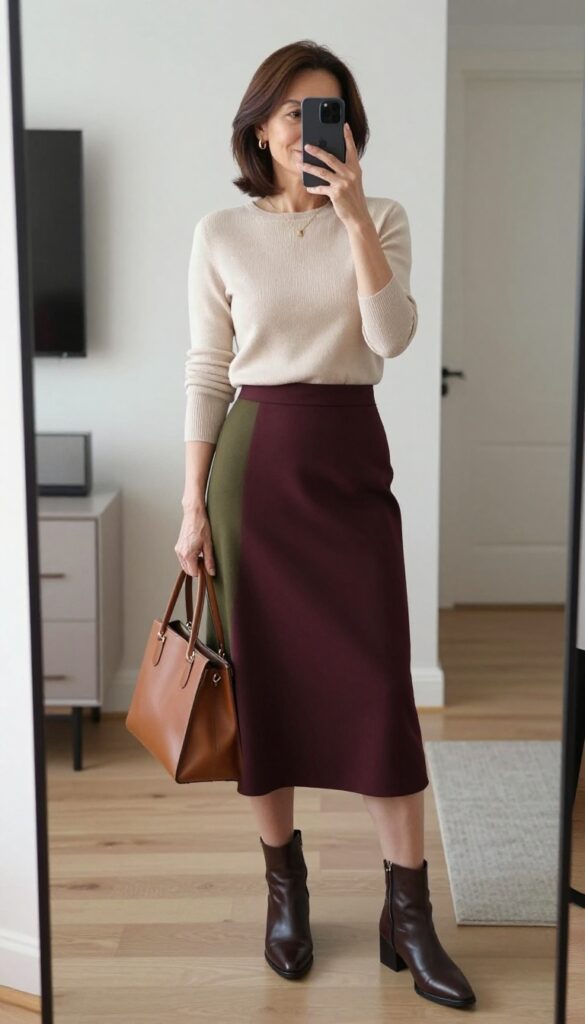 Woman in burgundy midi skirt and cream knit top taking a mirror selfie, showcasing a chic senior night outfit