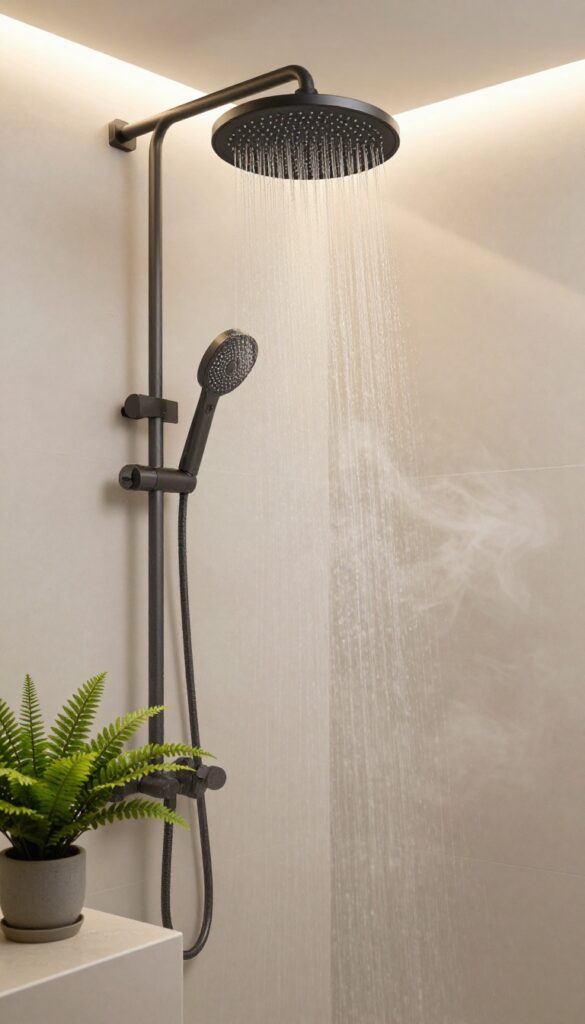 A modern steam shower with an overhead rainfall showerhead, emitting water droplets and steam in natural light, featuring matte black fixtures, potted ferns, and clean minimalist design for a relaxing spa-like bathroom.