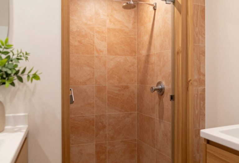 Modern bathroom with a knee wall shower in warm terracotta tiles and wood accents, creating a cozy and stylish decor scene.