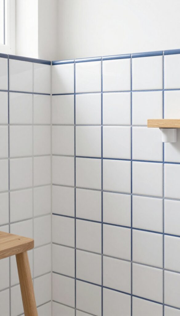 Close-up of white subway tiles with navy grout in a shower, showcasing a playful and custom look with natural light and simple decor accents.