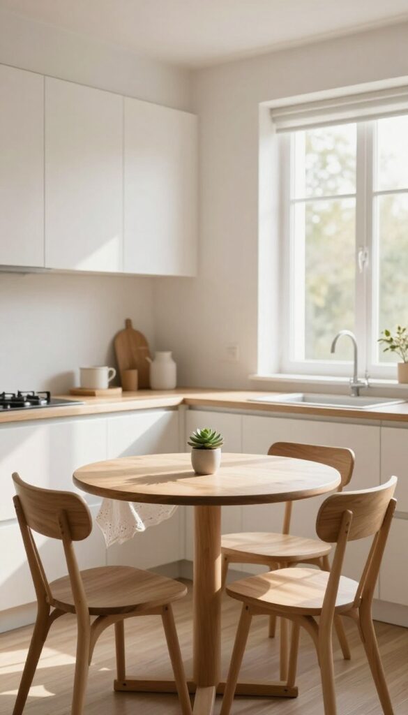 Cozy compact breakfast nook in a small kitchen with round table, slim chairs, and succulent by window