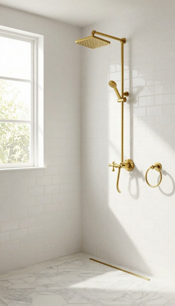 Vintage-inspired cross handles in warm brass on subway tile in a bright shower