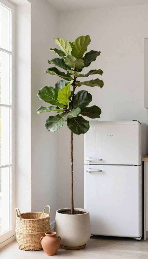 Tall fiddle leaf fig in ceramic pot brightening a kitchen corner