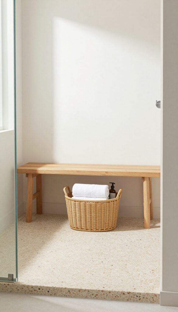 Teak bench with hidden woven storage basket in a pebble floor shower