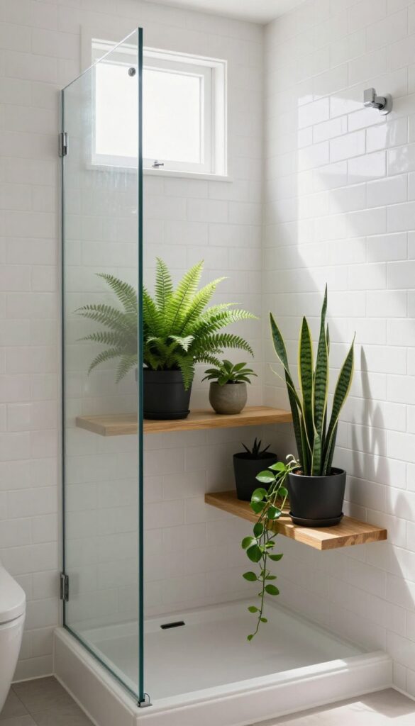 A small bathroom with humidity-loving plants on a shelf near the shower.