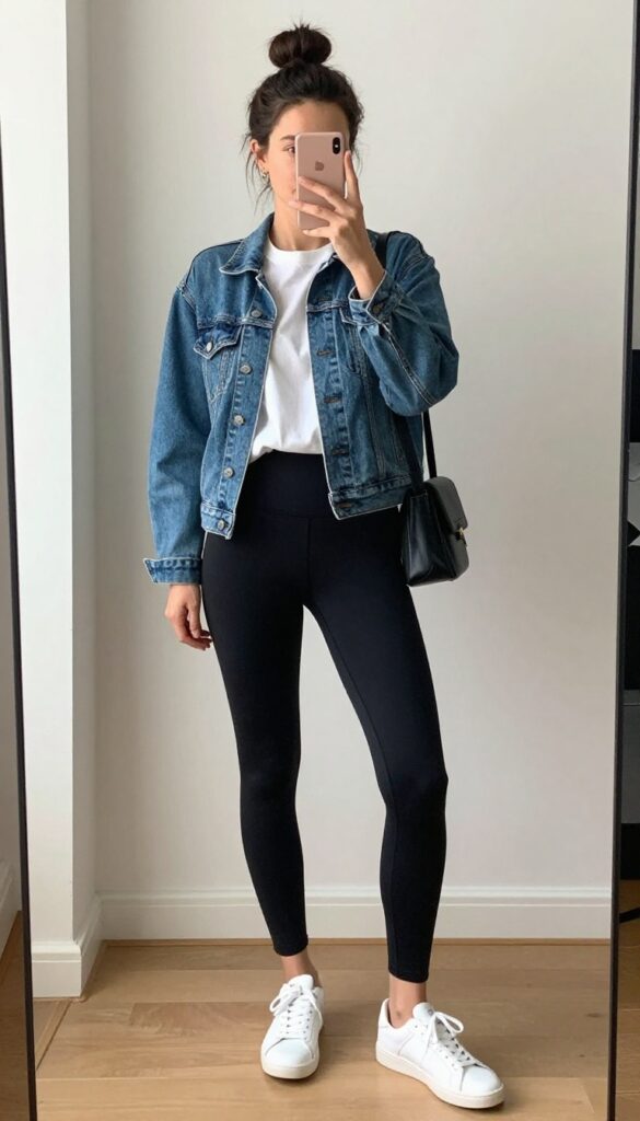 Mom in black leggings, white tee, and denim jacket taking a mirror selfie. Outfit is casual yet polished with white sneakers and crossbody bag.