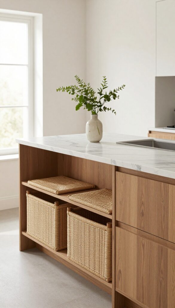 Small kitchen with thin marble-look porcelain slab on peninsula, warm wood cabinets, woven stools, and fresh herbs.