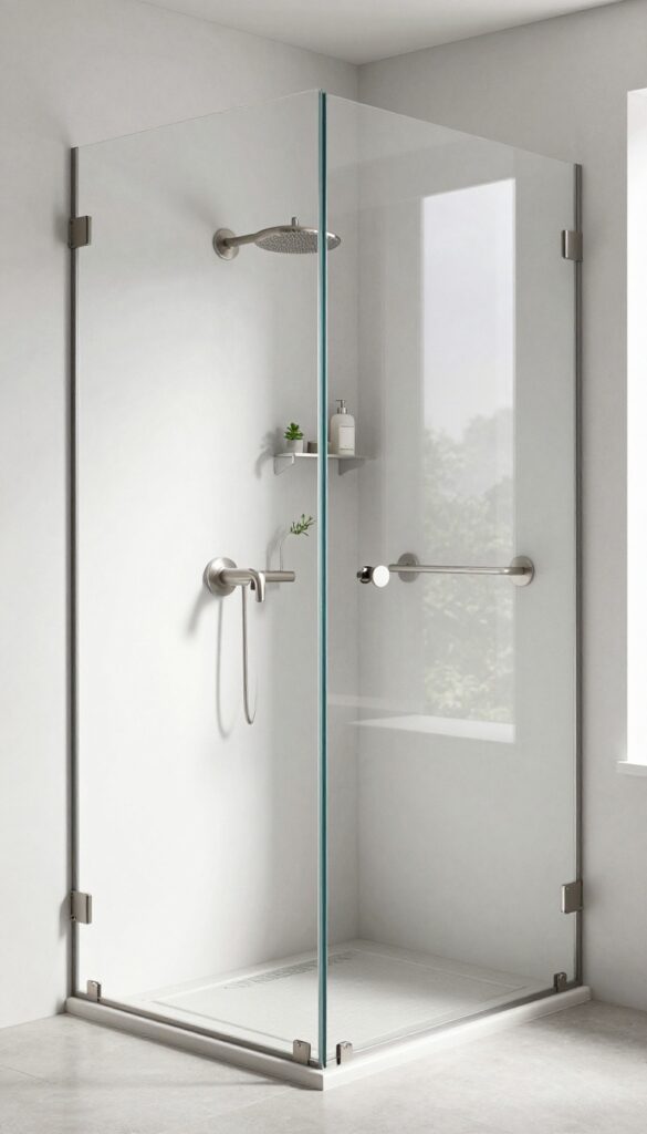 A small quadrant shower room with wall-mounted sink and towel bar to maximize floor space, featuring bright natural light and clean modern decor.