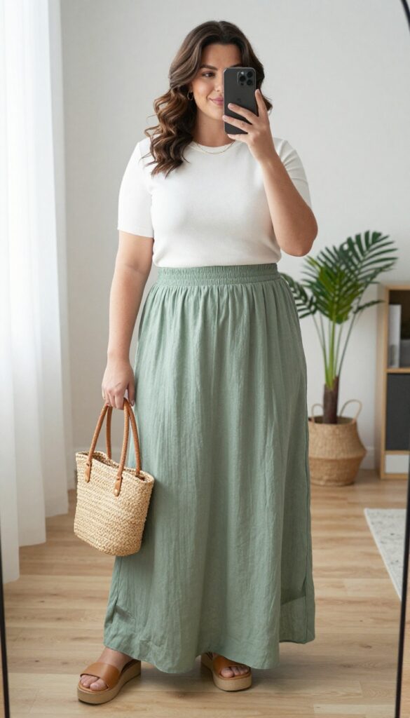 Plus-size woman wearing a sage green maxi skirt and white cropped top, taking a mirror selfie with sandals and a straw bag.