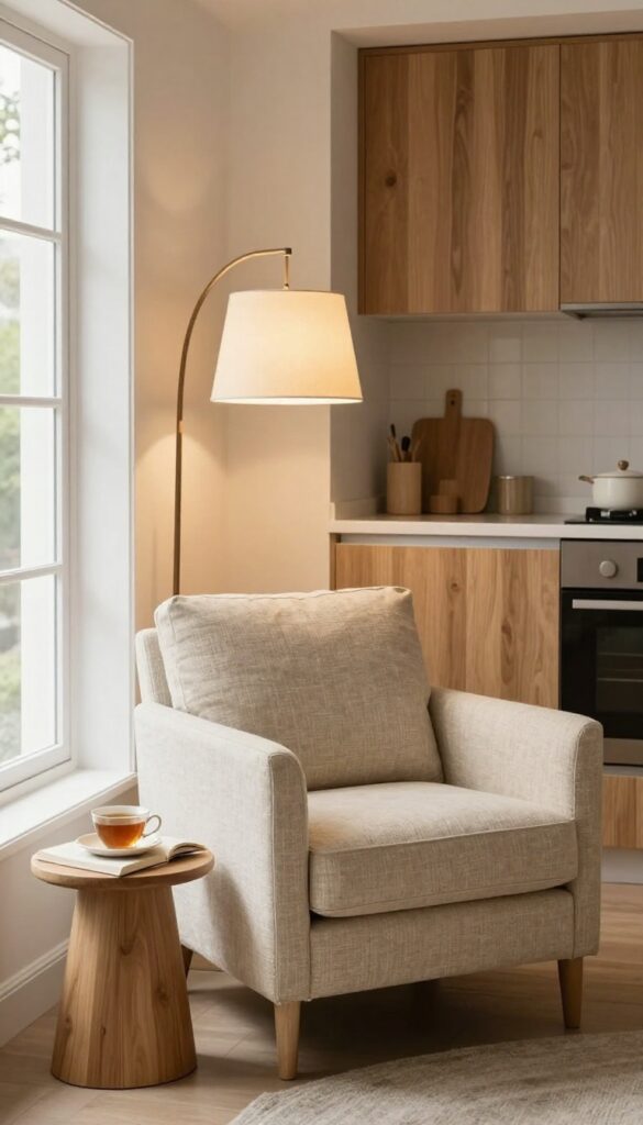 Cozy reading corner in kitchen bay window with armchair, floor lamp, and side table