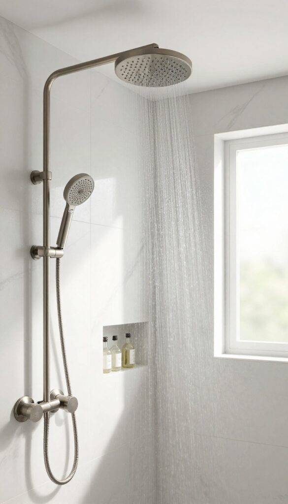 Luxurious walk-in shower with overhead rain canopy and side spray on slide bar