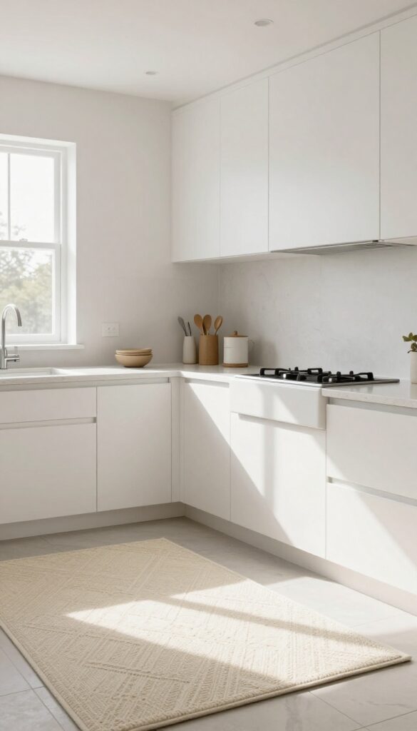 A soft cream rug placed in front of a kitchen sink in a bright, neutral-toned kitchen.