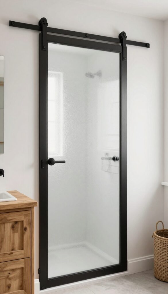 A small bathroom featuring a sliding barn-style shower door with frosted glass and dark metal track in rustic farmhouse style.