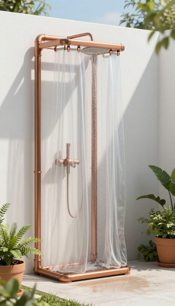 Minimalist pipe frame outdoor shower with clear curtain in a sunny backyard, showcasing modern design and natural light.