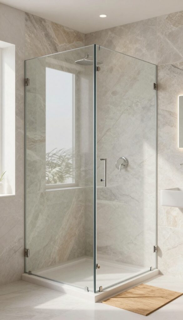 Clear glass shower door with natural stone accents in a bright bathroom setting