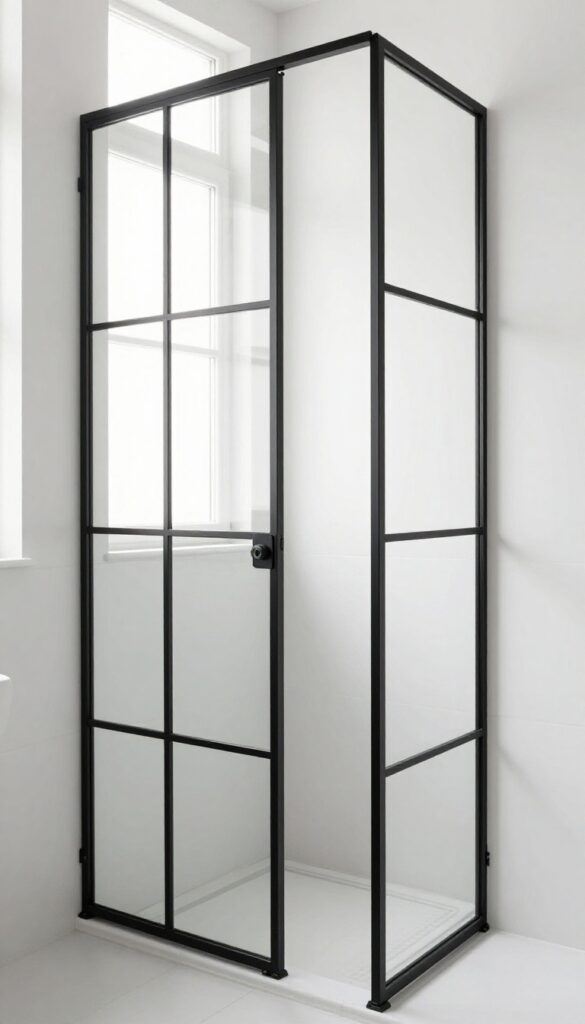 A modern bathroom with a metal frame partition featuring matte black steel grids and glass panels in bright natural light.