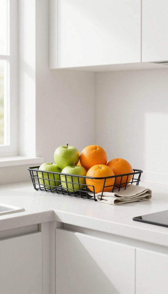 Under-cabinet sliding basket filled with apples and oranges in a bright kitchen