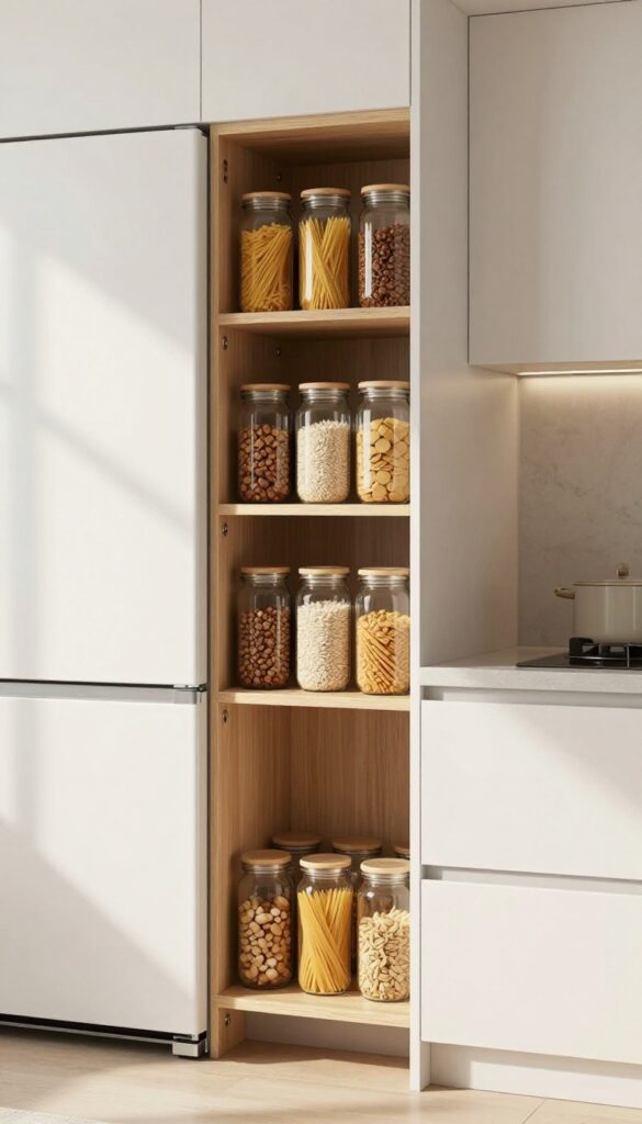 Modern kitchen with pull-out pantry shelves