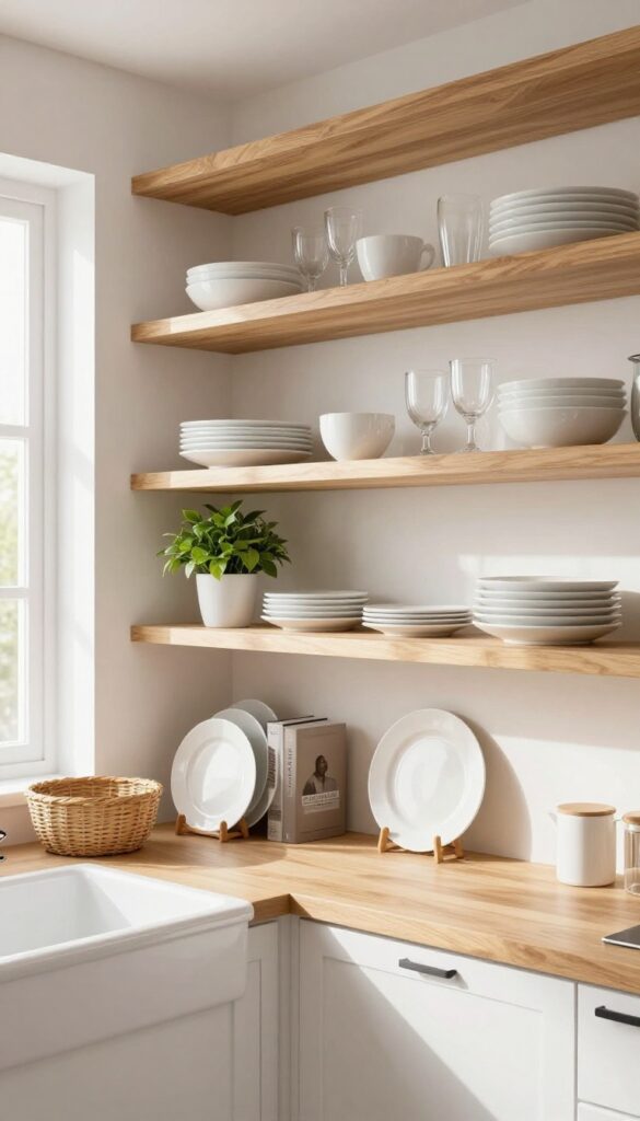 Open shelving in a bright kitchen with white plates, glassware, a plant, and cookbooks, styled neatly with natural light.