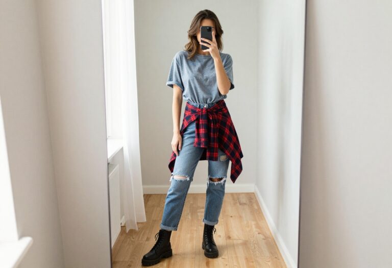 Woman taking a mirror selfie wearing an oversized band tee, ripped mom jeans, combat boots, and a plaid flannel tied at the waist, embodying grunge mom style.