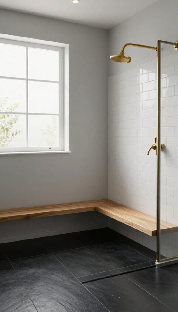 A modern walk-in shower with matte black floor tiles, light gray walls, brass fixtures, and natural lighting, showcasing dramatic contrast in a clean bathroom setting.