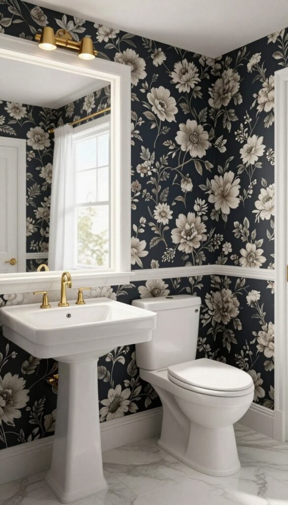 Guest bathroom with moody dark floral wallpaper in deep colors, featuring white fixtures and warm brass accents for a stylish, classic look.