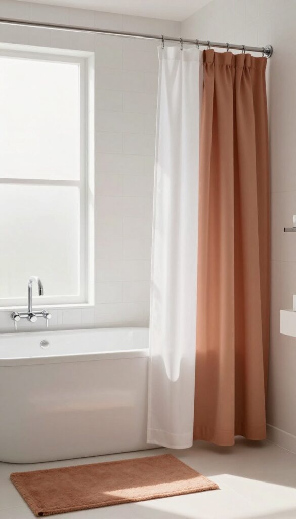 Modern bathroom with two-tone shower curtain in white and terracotta, natural light, clean design
