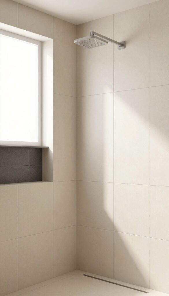 Modern shower with large vertical rectangular beige tiles and a horizontal niche shelf
