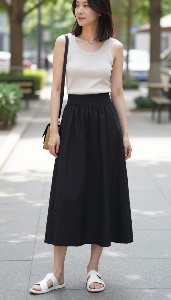Casual summer outfit with a fitted tank top and long black skirt, styled for a relaxed day out, featuring light accessories and natural setting.
