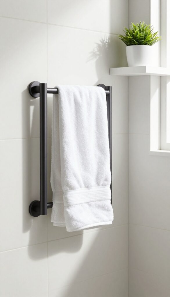 Corner towel rack in a bright bathroom with natural light and a small plant