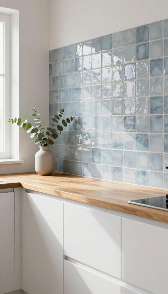 A narrow parallel kitchen with a textured zellige backsplash in blue-gray, white cabinets, and natural light creating shadows and highlights.