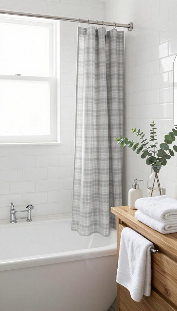 Modern bathroom with minimalist grid pattern shower curtain in light gray gingham, white tiles, and eucalyptus accent