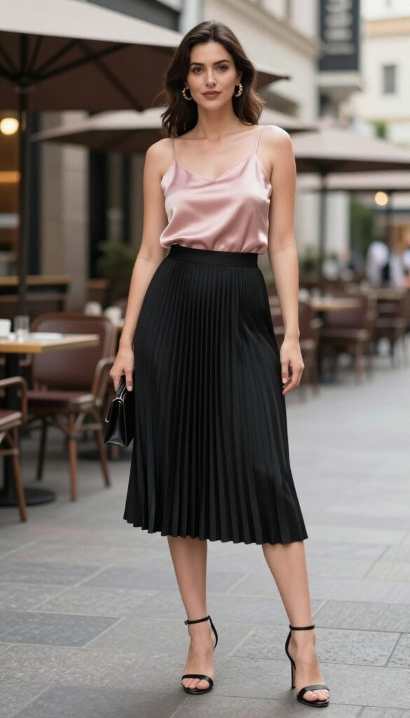 A woman wearing a satin top and pleated skirt outfit for a summer evening, styled with heeled sandals, a clutch, and statement earrings, in a polished setting.
