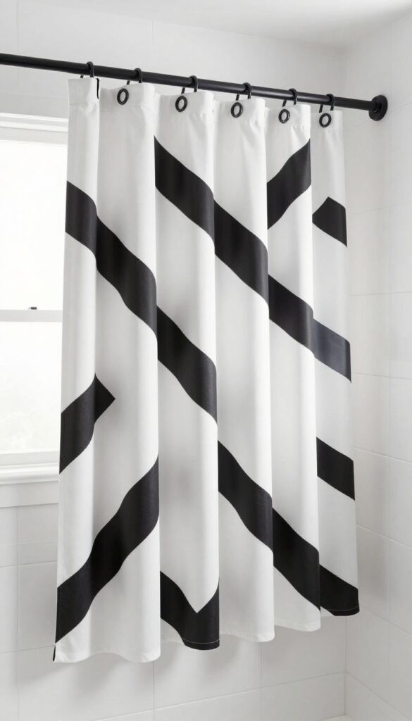A white shower curtain with a bold black geometric pattern in a bright, minimalist black-and-white bathroom.