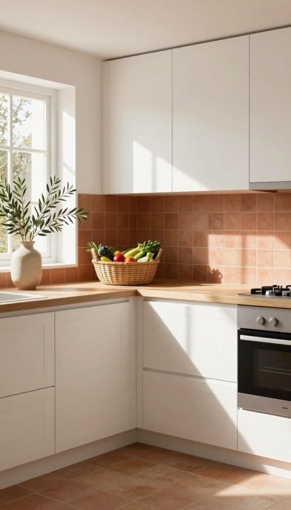 Bright kitchen with terracotta backsplash and off-white cabinets, woven basket and olive branches on countertop