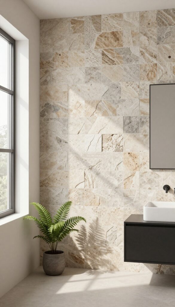A serene shower interior with natural stone mosaic tiles on an accent wall, showcasing organic texture and depth under bright natural light, complemented by simple fixtures and plants for a calming, spa-like feel.